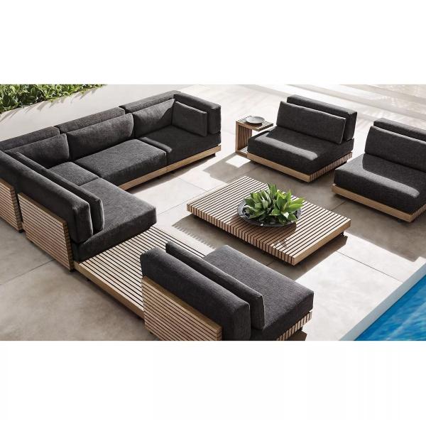 luxury modern outdoor furniture grey water proof fabric L shape corner modular garden sofas set with teak arm table