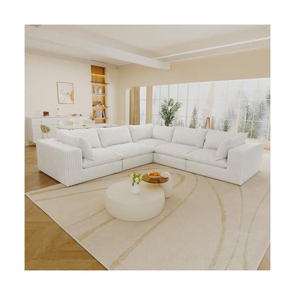 118"ModularCouchSectionalCloudSofawithDeepSeat,MinimalistV-ShapedDesignandCorduroyUpholsteryforLivingRoom,ApartmentorOffice,Down-FilledCushions,White