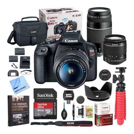 CanonT7EOSRebel-CámaraDSLRconlenteEF-S18-55mmf/3.5-5.6isIIylenteEF75-300mmf/4-5.6IIIydos(2)tarjetasdememoriaSDHCde32GBmáspaquetedeaccesoriosconbateríadoble