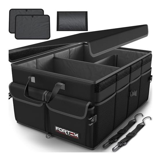 FORTEMTrunkOrganizer-FoldableCarOrganizer&StorageforSUVs&Trucks|CarAccessoriesforMenWomen,CollapsibleBag,NonSlipBottom,Straps,SoftCover,600DOxford,Black,3Compartments,50L