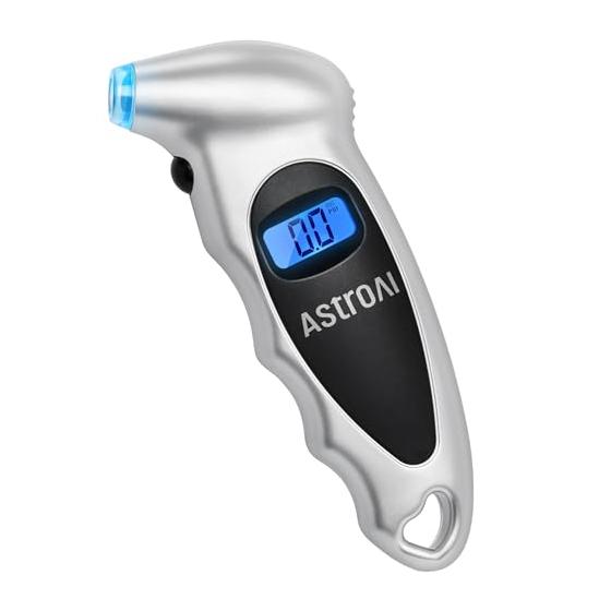 AstroAI-Medidordigitaldepresióndeneumáticosde150PSI,4ajustes,paraautomóvil,camión,bicicletaconretroiluminaciónLCDyagarreantideslizante,colorplateado(paquetede1)|CalibradordeneumáticosindustrialcalibradoaANSIB40.7con4ajustesparamotos,plateado