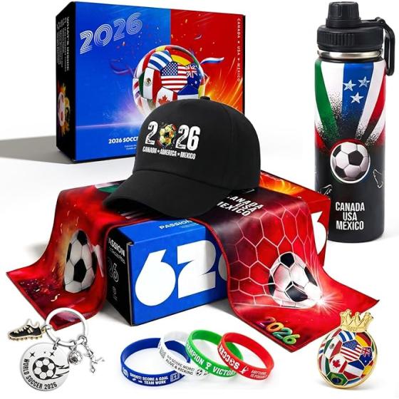 Exunion 2026 Football Fan Gift Basket: Includes 9 sports accessories, including a flat-bottomed stainless steel mug, towel, keychain, hat, bracelet, and metal badge.