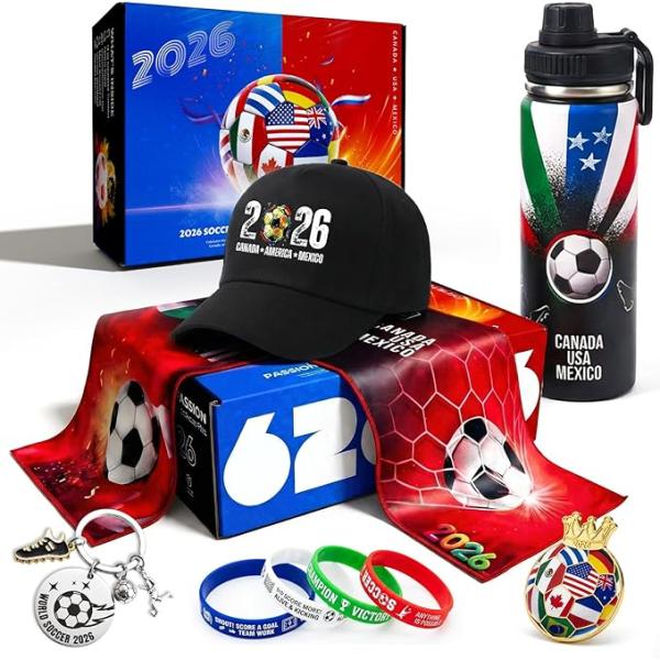 Exunion 2026 Football Fan Gift Basket: Includes 9 sports accessories, including a flat-bottomed stainless steel mug, towel, keychain, hat, bracelet, and metal badge.