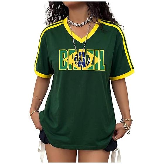 Women's soccer jersey, Brazilian print soccer jersey, soccer fan jersey, Y2K style short-sleeved V-neck shirt.