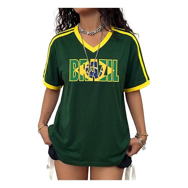 Women's soccer jersey, Brazilian print soccer jersey, soccer fan jersey, Y2K style short-sleeved V-neck shirt.