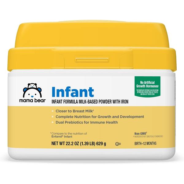 Amazon Brand - Mama Bear Infant Milk-Based Baby Formula Powder with Iron, Dual Prebiotics, Omega 3 DHA and Choline, Brain, Growth, Immunity, 22.2 Ounce (Pack of 1)