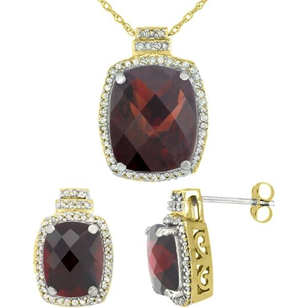 Silver City Jewelry 10K Yellow Gold Diamond Natural Garnet 8x6mm Earrings & 11x9mm Pendant Set Octagon Cushion