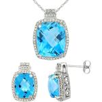 Silver City Jewelry 10K White Gold Diamond Natural Swiss Blue Topaz 8x6mm Earring & 11x9mm Pendant Set Octagon Cushion