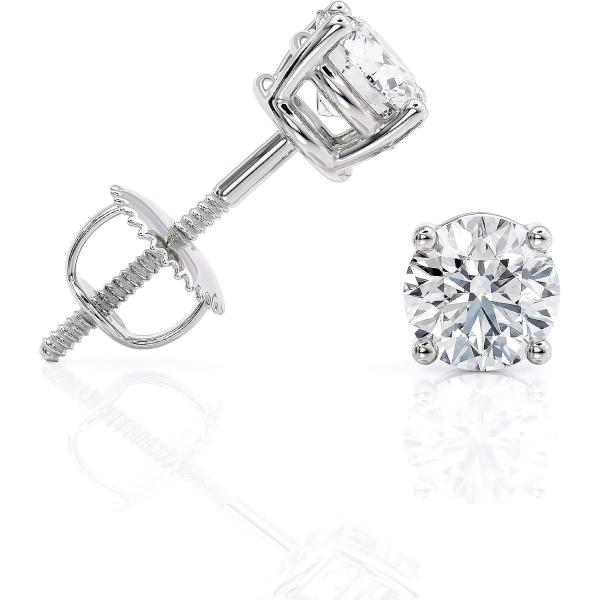 1 to 2 Carat Natural Diamond Stud Earrings IGI Certified Total Weight Round in 14K White Gold with Screw Backs by Beverly Hills Jewelers