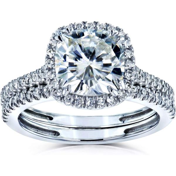 Kobelli Cushion Brilliant Moissanite Halo Bridal Wedding Rings Set 2 3/8 CTW 14k White Gold