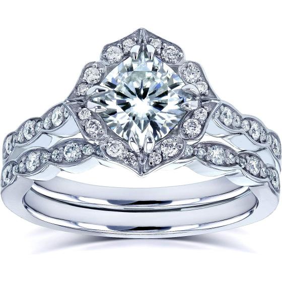 Kobelli Forever One Moissanite Vintage Style Floral Bridal Rings Set 1 1/2 CTW 14k White Gold (DEF/VS, GH/I)