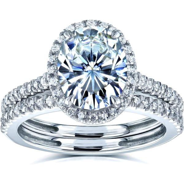 Kobelli Oval Moissanite Halo Bridal Rings Set 2 3/8 CTW 14k White Gold