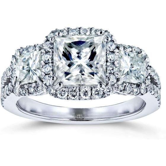 Kobelli 2 4/5-CTW Princess Moissanite Halo 3-Stone Engagement Ring 14k White Gold
