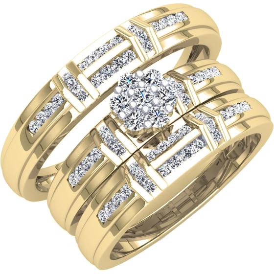 Dazzlingrock Collection 0.50 Carat (ctw) Round White Diamond Cluster Wedding Trio Ring Set for Him & Her (0.50 ctw, Color I-J, Clarity I1-I3) in Gold