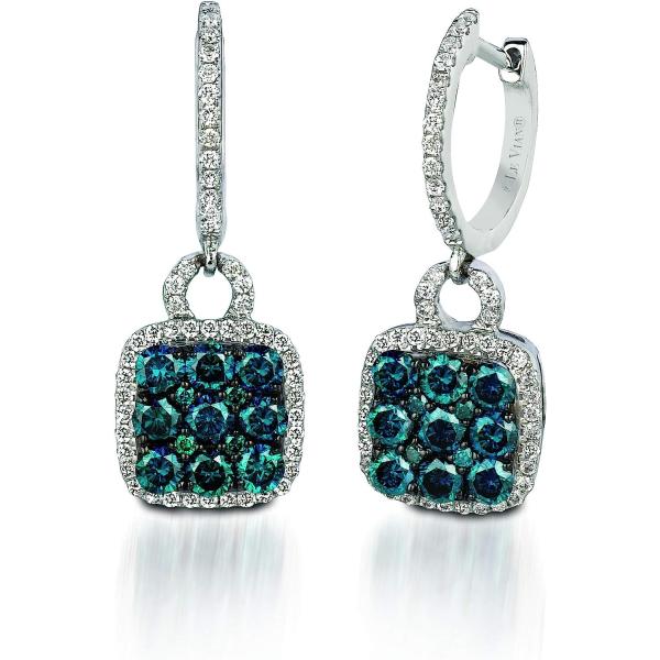 1 1/4 Carat White and Blue Diamond Dangle Drop Earrings for Women in 14k White Gold (H-I, VS2-SI1, cttw) Square Huggie Earrings by LeVian