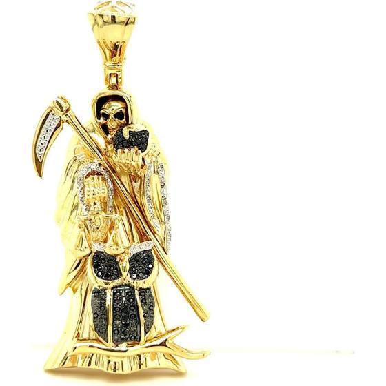 10K Yellow Gold Diamond Santa Muerte Grim Reaper Pendant For Men and Women | 2.9 x 0.9 inch Round Cut Real White Diamond Holy Death Santa Muerte Mens Pendant 0.20 CT | Unisex Custom Jewelry Gift for Him