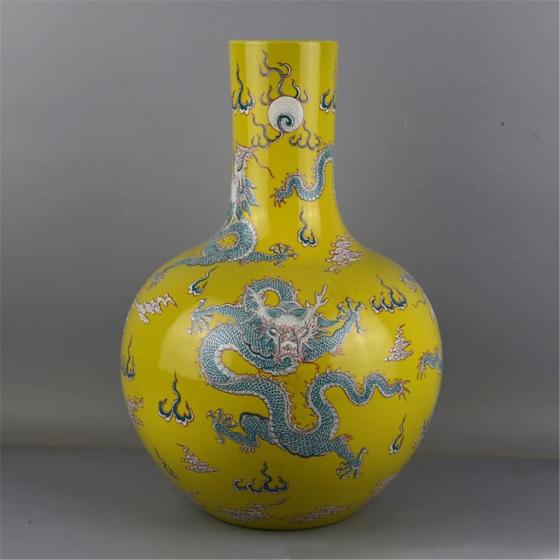 HOUKAI Antique Inscribed Yellow Dragon Vase Five Pastel Kiln Old Porcelain Ornaments Vase for Home Office Decoration