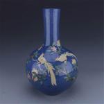 HOUKAI Antique Vase Traditional Chinese Style Blue Ceramic Snowflake Bird Flower Vase for Home Office Decoration