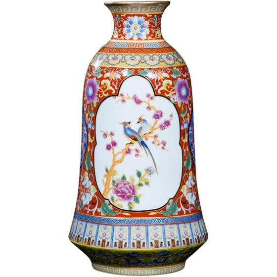 ZSEDP Jingdezhen Antique Enamel Vase with Flowers and Birds Pattern Ancient Porcelain