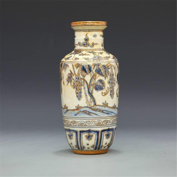 ZSEDP Antique Classic Blue and White with Gold Grape Pattern Small Ceramic Decoration Vase