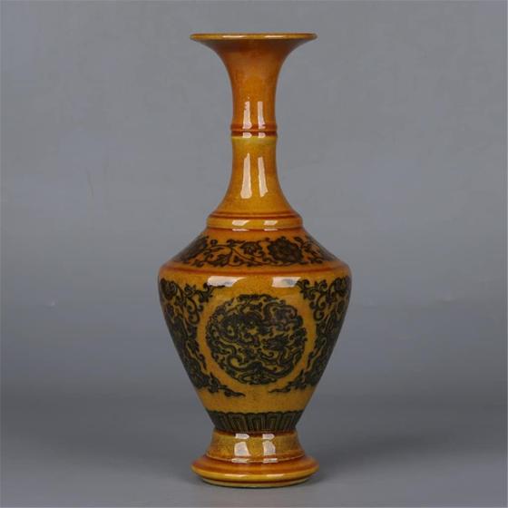 ZSEDP The Egg Yolk Glaze Twigs and The Dragon Pattern Vase Flower Utensils Antique Porcelain Ornaments