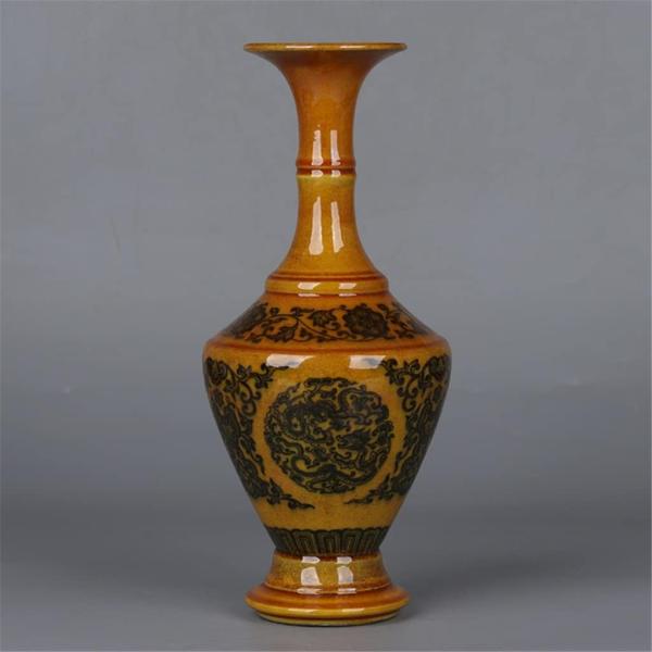 ZSEDP The Egg Yolk Glaze Twigs and The Dragon Pattern Vase Flower Utensils Antique Porcelain Ornaments