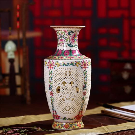 ZSEDP Antique Jingdezhen China Ceramic Vase Chinese Style Pierced Vase