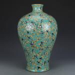 MJWDP Hand-Painted Green Pastel Rose Magpie Plum vase Antique Porcelain vase