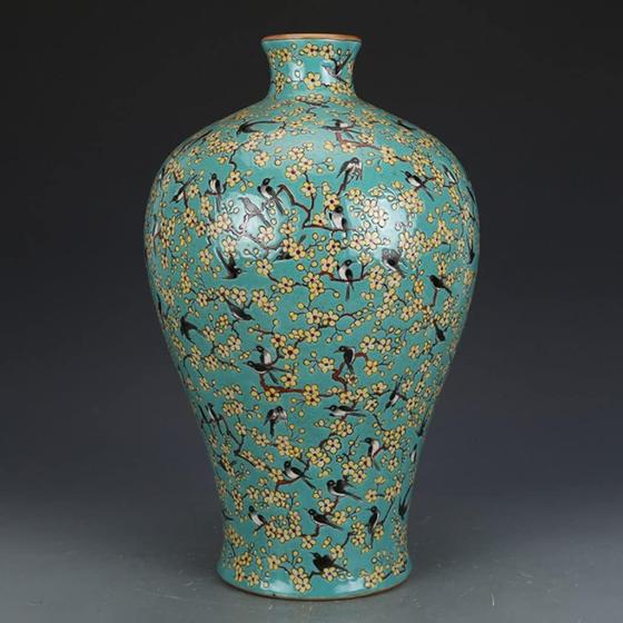 MJWDP Hand-Painted Green Pastel Rose Magpie Plum vase Antique Porcelain vase