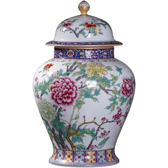RENSLAT Jingdezhen Ceramic Antique Peony Pastel Tank Storage Tank with Cover Domestic Chinese Living Room Decoration