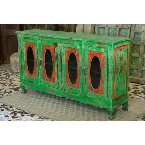 Antique Indian Brass Work Hand Carved Solid Wooden Sideboard Greenwash Mango Wood Indian Arched Sideboard Cabinet Storage Units Indian Solid Wood Finish,Living Room Bedroom Furniture,Modern Sideboard