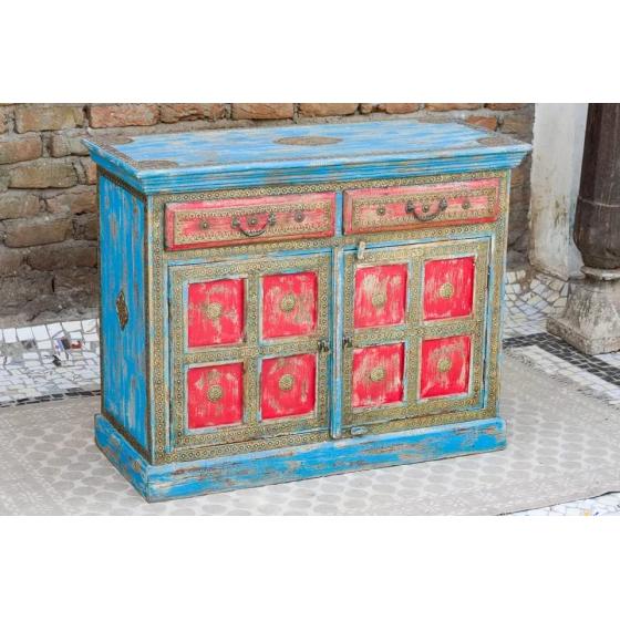 Antique Indian Brass Work Hand Carved Solid Wooden Sideboard Bluewash Mango Wood Indian Arched Sideboard Cabinet Storage Units Indian Solid Wood Finish,Living Room Bedroom Furniture,Modern Sideboard