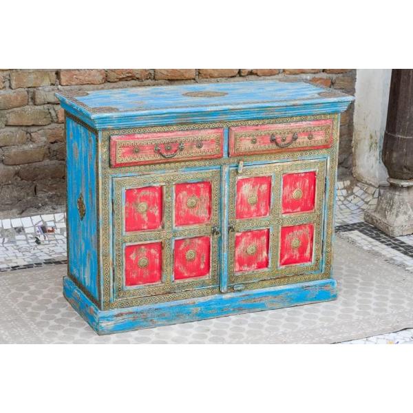 Antique Indian Brass Work Hand Carved Solid Wooden Sideboard Bluewash Mango Wood Indian Arched Sideboard Cabinet Storage Units Indian Solid Wood Finish,Living Room Bedroom Furniture,Modern Sideboard
