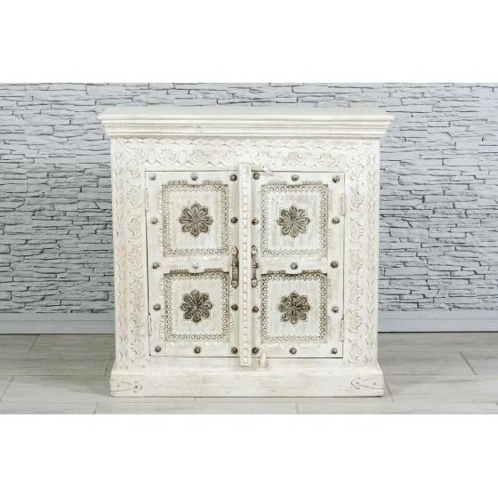 Antique Indian Brass Work Hand Carved Solid Wooden Sideboard White Mango Wood Indian Arched Sideboard Cabinet Storage Units Indian Solid Wood,Living Room Bedroom Furniture,Modern Sideboard