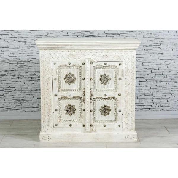 Antique Indian Brass Work Hand Carved Solid Wooden Sideboard White Mango Wood Indian Arched Sideboard Cabinet Storage Units Indian Solid Wood,Living Room Bedroom Furniture,Modern Sideboard