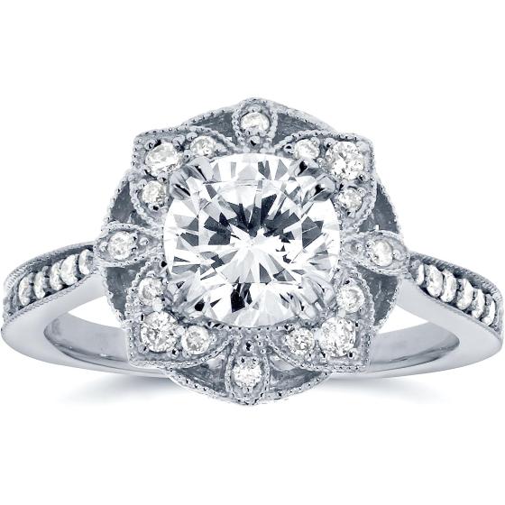 Kobelli Antique Style Floral Diamond Engagement Ring 1 1/4 CTW in 14k White Gold