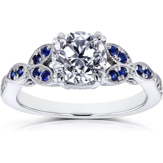 Kobelli Antique Style Round Diamond and Blue Sapphire Engagement Ring 1 1/5 CTW in 14k White Gold