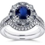 Kobelli Antique Style Floral Round Sapphire and Diamond Bridal Set 1 3/4 CTW in 14k White Gold