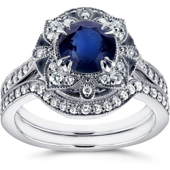 Kobelli Antique Style Floral Round Sapphire and Diamond Bridal Set 1 3/4 CTW in 14k White Gold