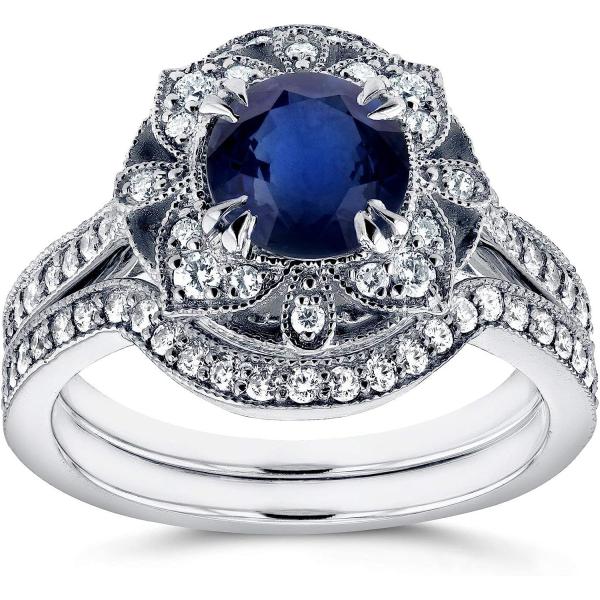 Kobelli Antique Style Floral Round Sapphire and Diamond Bridal Set 1 3/4 CTW in 14k White Gold