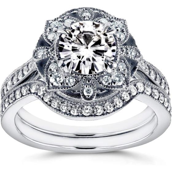 Kobelli Antique Style Floral Diamond Bridal Set 1 1/2 CTW in 14k White Gold