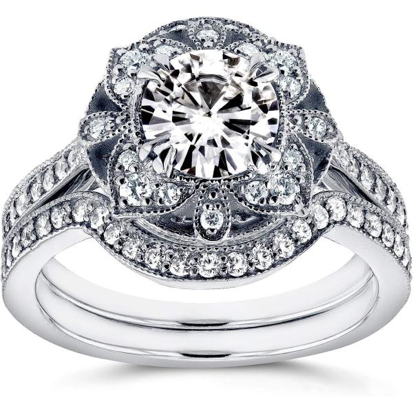 Kobelli Antique Style Floral Diamond Bridal Set 1 1/2 CTW in 14k White Gold
