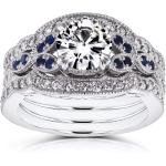 Kobelli Antique Style Forever One (D-F) Moissanite and Blue Sapphire 3 Piece Bridal Set 1 2/5 CTW in 14k White Gold