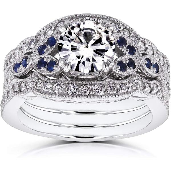 Kobelli Antique Style Forever One (D-F) Moissanite and Blue Sapphire 3 Piece Bridal Set 1 2/5 CTW in 14k White Gold
