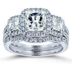 Kobelli Princess Moissanite Halo 3-Stone Bridal Rings Set 3 1/10 CTW 14k White Gold