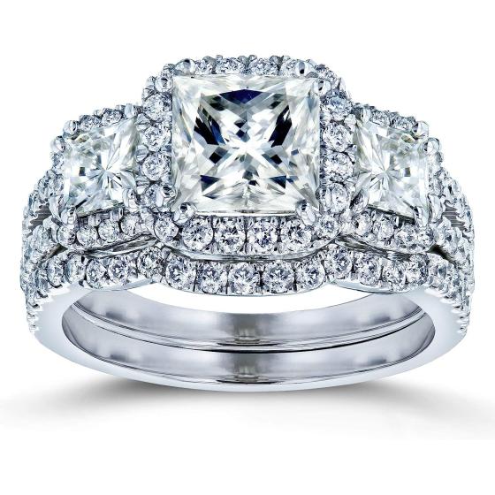 Kobelli Princess Moissanite Halo 3-Stone Bridal Rings Set 3 1/10 CTW 14k White Gold