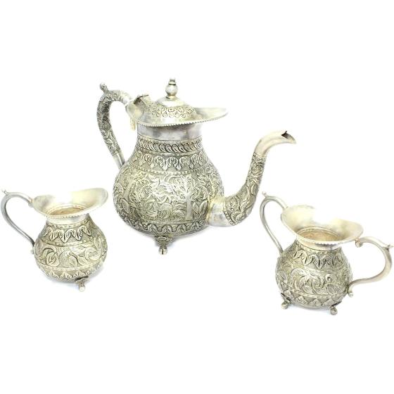 Rajasthan Gems 3 Pc/Set Tea Set Handmade Antique Alloyed Silver Tea Pot Milk Pot Sugar Pot - 1