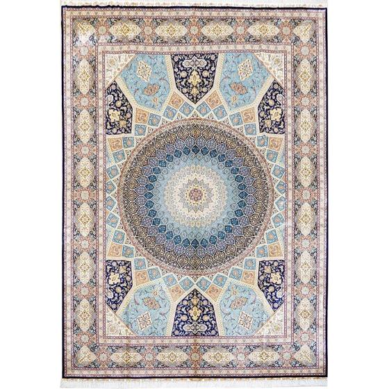 Yilong Silk Rugs Pure Handmade Carpet Large Dome Design Persian Rug Home Decor (10x14ft, Blue&Beige 11)