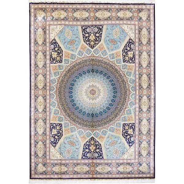 Yilong Silk Rugs Pure Handmade Carpet Large Dome Design Persian Rug Home Decor (10x14ft, Blue&Beige 11)