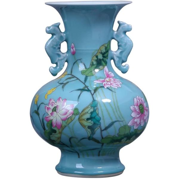 HOUKAI Antique Celadon Vase Furnishing Articles Blue Glaze Peony Flower Study Decorative Ceramic Arts and Crafts